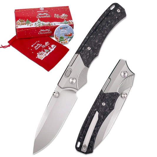 REMETTE M390 Folding Pocket Knife Titanium Carbon Fiber Handle Hand Ground Pearlescent Blade Button Lock Structure WD107