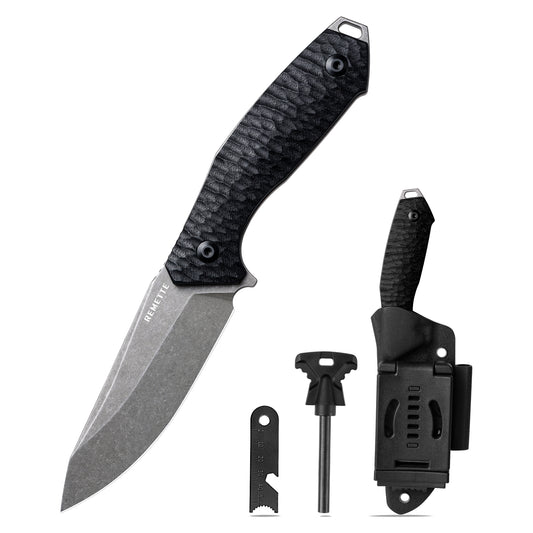 REMETTE RT-Allosaurus G10 Handle D2 Steel Fixed Blade Knife Camping Tactical Survival Knife with Fire Starter Kydex Sheath RTAS-B