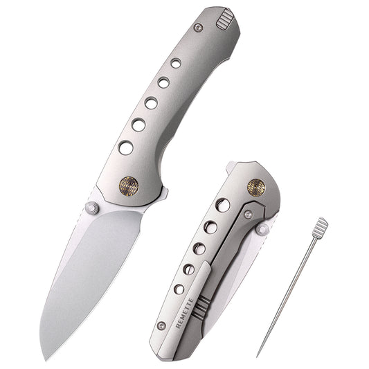 REMETTE RT-BEE-T Titanium M390 Knife Outdoor Folding Pocket EDC Knives with Fruit Food Fork Toothpick (Pocket Clip with LOGO)