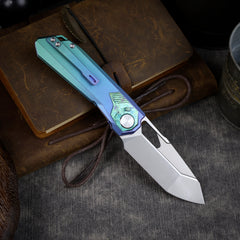 REMETTE RT-Peregrine Falcon Folding Pocket Knife Innovative Button Liner Lock Structure Design Vanax Steel Blade Titanium Handle Knives RTT1-VNC with Safety Lock