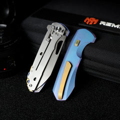 REMETTE RT-Camel Knife Screwless Exterior Button Liner Lock M390 Blade Titanium Handle Knives Blue RTCMLT3