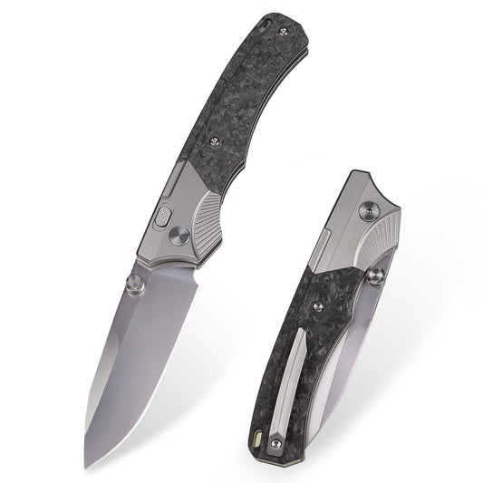 REMETTE M390 Folding Pocket Knife Titanium Carbon Fiber Handle Hand Ground Pearlescent Blade Button Lock Structure WD107