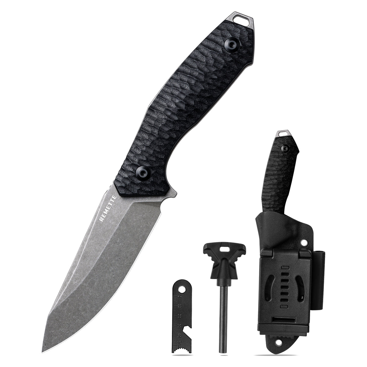 REMETTE RT-Allosaurus G10 Handle D2 Steel Fixed Blade Knife Camping Tactical Survival Knife with Fire Starter Kydex Sheath RTAS-B