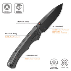 REMETTE Titanium Pocket Knife WD107 Series, EDC Button Lock Knife, DLC M390 Blade, Men Women Daily Carry Lightweight Folding Knife, Sharp Fishing Camping Knives (Black/DLC)