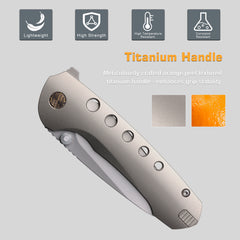 REMETTE RT-BEE-T Titanium M390 Knife Outdoor Folding Pocket EDC Knives with Fruit Food Fork Toothpick (Pocket Clip with LOGO)