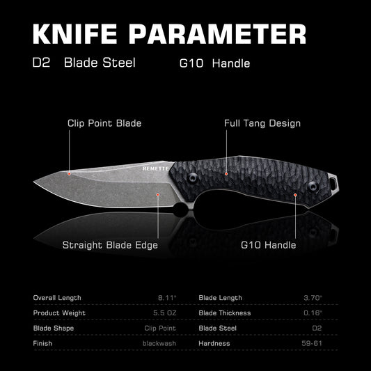 REMETTE RT-Allosaurus G10 Handle D2 Steel Fixed Blade Knife Camping Tactical Survival Knife with Fire Starter Kydex Sheath RTAS-B