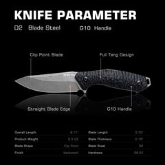 REMETTE RT-Allosaurus G10 Handle D2 Steel Fixed Blade Knife Camping Tactical Survival Knife with Fire Starter Kydex Sheath RTAS-B