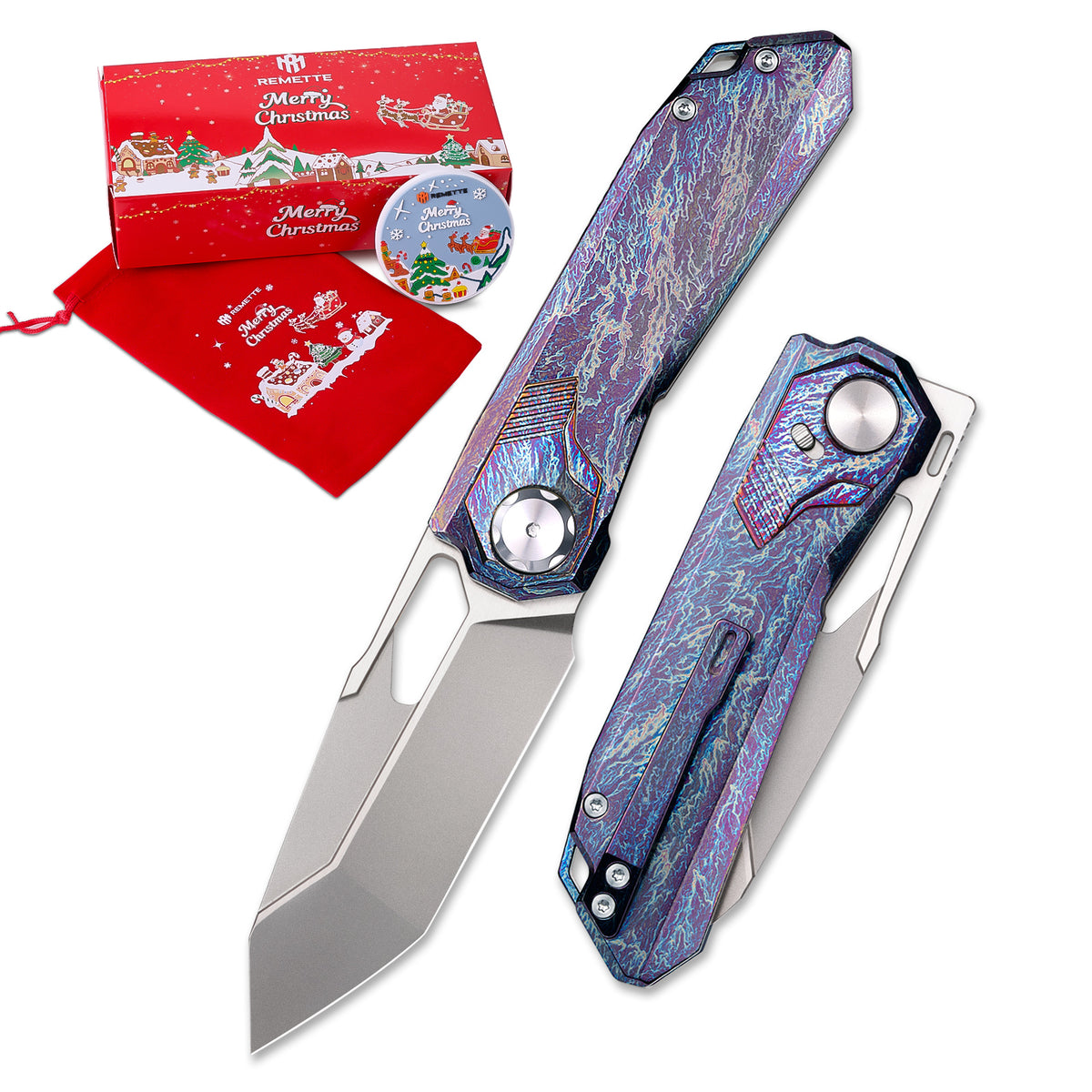 REMETTE RT-Peregrine Falcon Knife Innovative Button Lock Structure Design Thunder Lightn Textures Titanium Handle M390 Knives RTT1-TX with Safety Lock