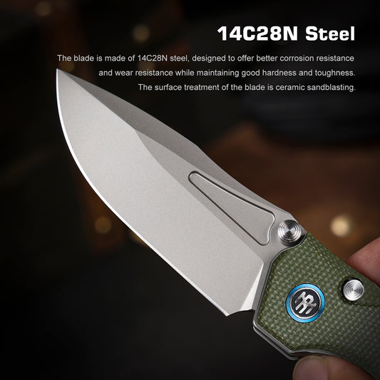 REMETTE Button+Liner Lock EDC Knife Folding Pocket Outdoor Survival EDC Knife Hand Lapping 14C28N Blade Military Green Micarta Handle Rhino-MC25A