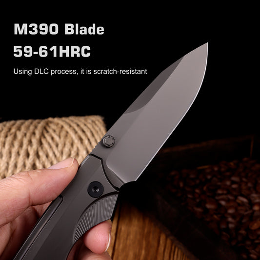 REMETTE Titanium Pocket Knife WD107 Series, EDC Button Lock Knife, DLC M390 Blade, Men Women Daily Carry Lightweight Folding Knife, Sharp Fishing Camping Knives (Black/DLC)