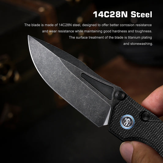 REMETTE Button+Liner Lock EDC Knife Folding Pocket Outdoor Survival EDC Knife Hand Lapping 14C28N Blade Military Green Micarta Handle Rhino-MC25B