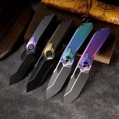 REMETTE RT-Peregrine Falcon Folding Pocket Knife Innovative Button Liner Lock Structure Design Vanax Steel Blade Titanium Handle Knives RTT1-VNB with Safety Lock
