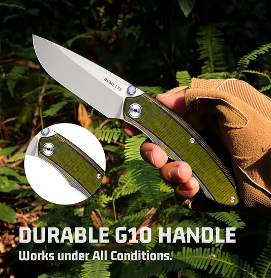 REMETTE 14C28N Blade Folding Pocket Knife Green G10 Handle EDC Knife Thumb Studs Opener Outdoor Camping Hiking Knife