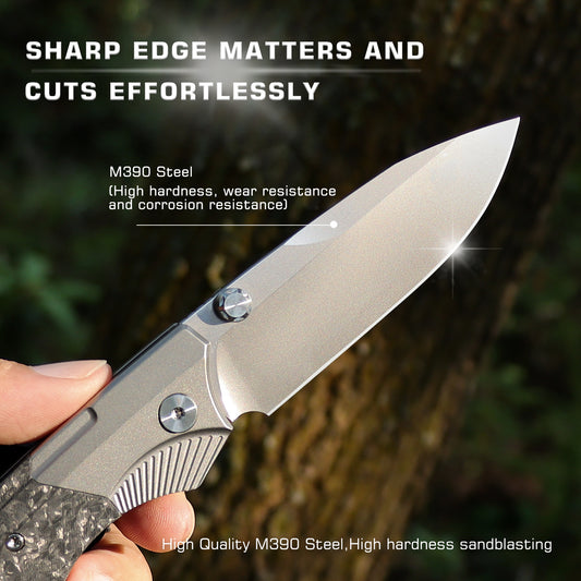REMETTE M390 Folding Pocket Knife Titanium Carbon Fiber Handle Hand Ground Pearlescent Blade Button Lock Structure WD107