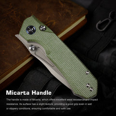 REMETTE Button+Liner Lock EDC Knife Folding Pocket Outdoor Survival EDC Knife Hand Lapping 14C28N Blade Military Green Micarta Handle Rhino-MC25A