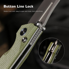 REMETTE Button+Liner Lock EDC Knife Folding Pocket Outdoor Survival EDC Knife Hand Lapping 14C28N Blade Military Green Micarta Handle Rhino-MC25A