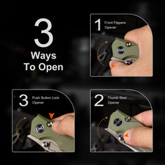 REMETTE Button+Liner Lock EDC Knife Folding Pocket Outdoor Survival EDC Knife Hand Lapping 14C28N Blade Military Green Micarta Handle Rhino-MC25A