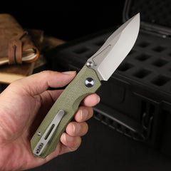 REMETTE Button+Liner Lock EDC Knife Folding Pocket Outdoor Survival EDC Knife Hand Lapping 14C28N Blade Military Green Micarta Handle Rhino-MC25A